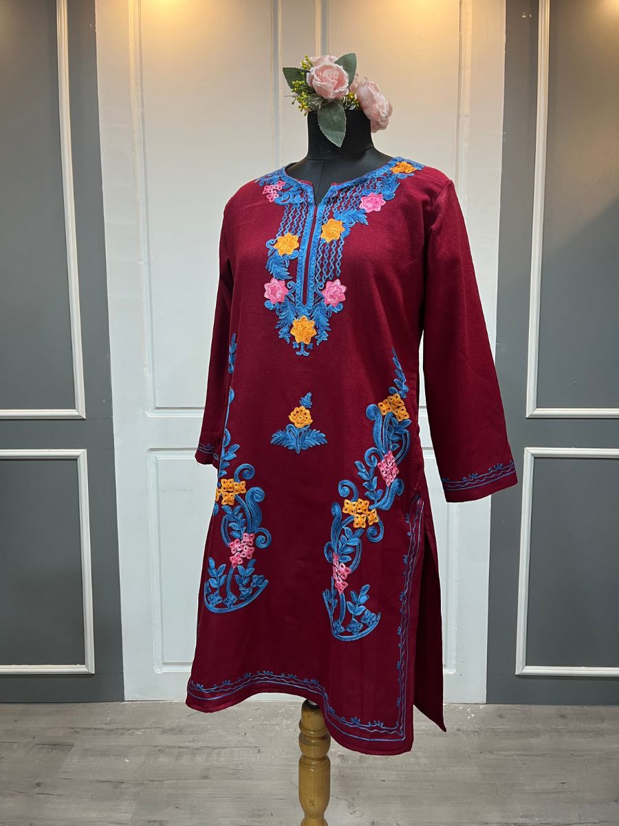 Kashmiri Aari Embroidered Phiran Kurtis – Wine Red
